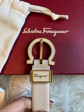 Salvatore Ferragamo Cream Leather Belt with Gold Gancini Buckle
